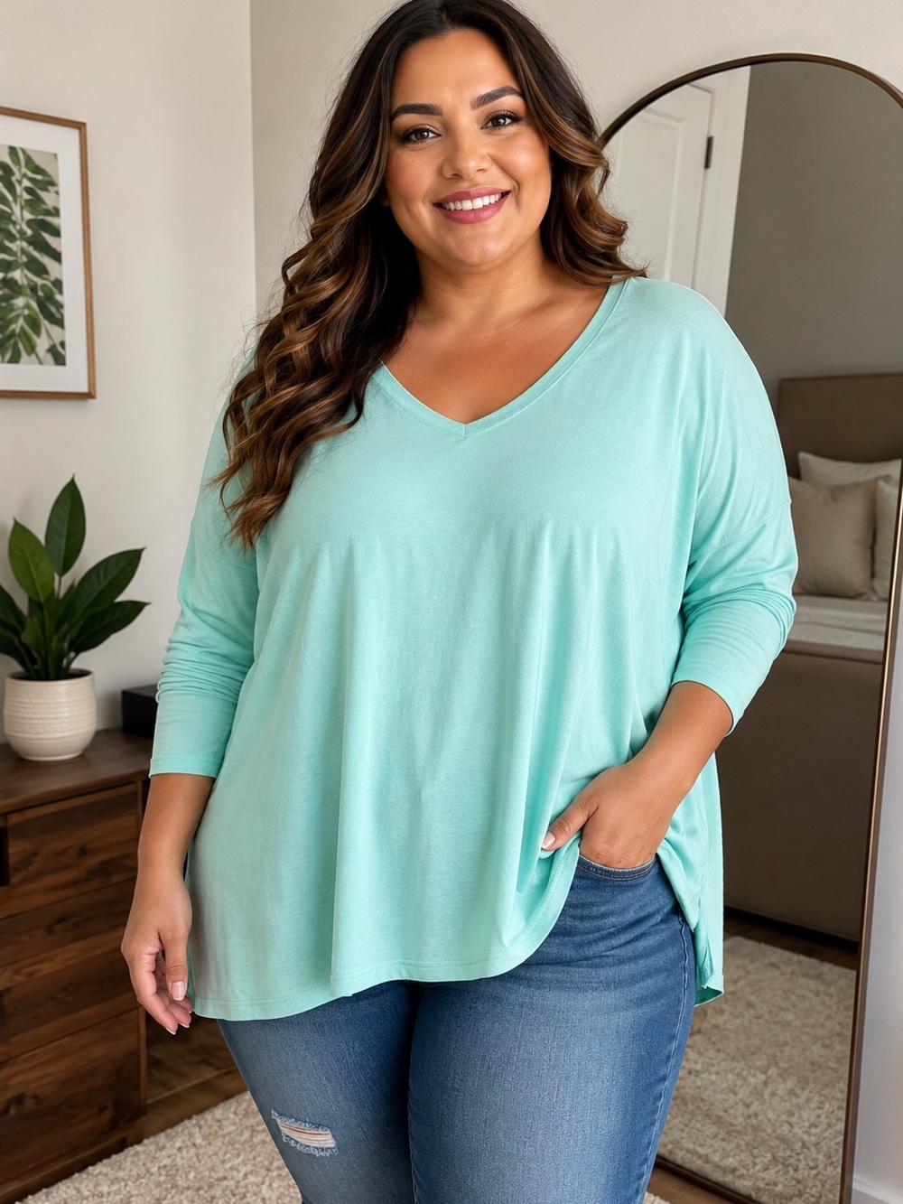 Belle by Kim Gravel Aqua V-Neck Long Sleeve Top